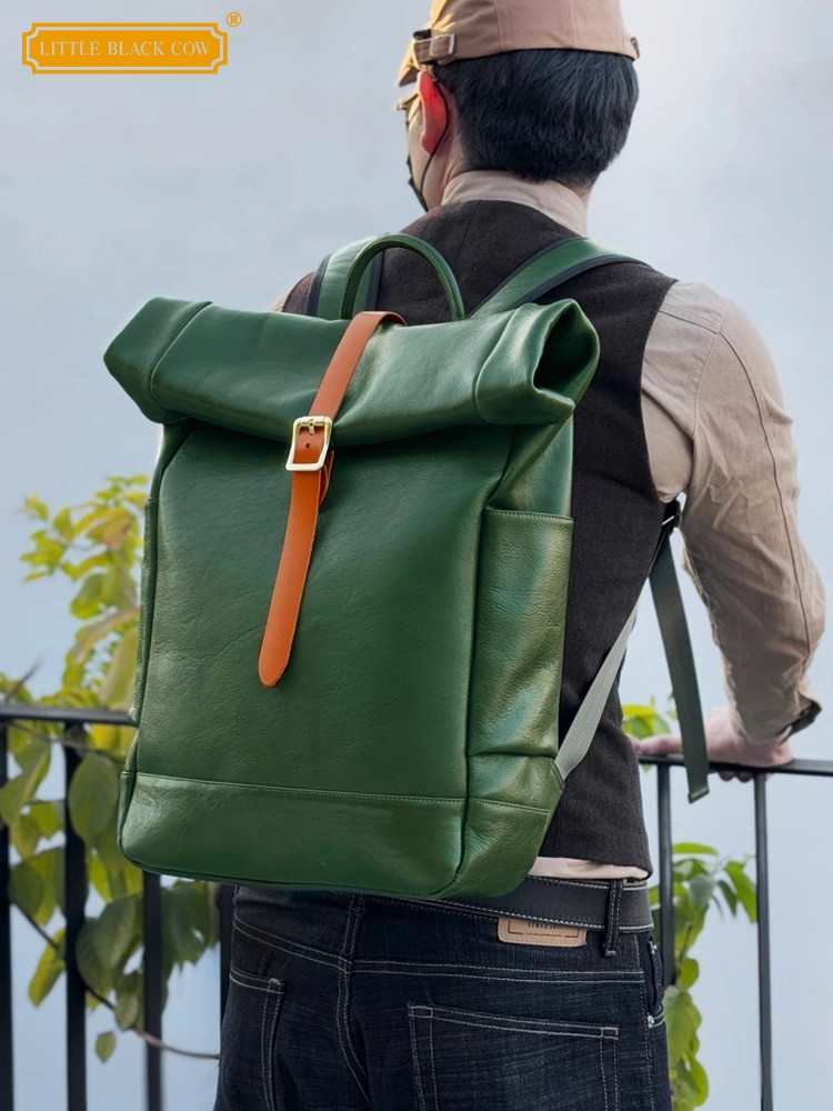 Leather Backpack Vintage - กระเป๋าเป้สะพายหลังหนังแท้ความจุขนาดใหญ่สำหรับผู้ชาย กระเป๋าแล็ปท็อปสำหรับผู้ชายสไตล์วินเทจทำมือ กระเป๋าเดินทางลำลองสำหรับผู้ชายทำจากหนังวัวแท้