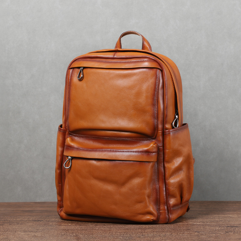 Leather Backpack Vintage - YETTIES กระเป๋าเป้หนังแท้สำหรับผู้ชาย สไตล์วินเทจ หนังฟอกฝาด ความจุขนาดใหญ่ ใส่แล็ปท็อป