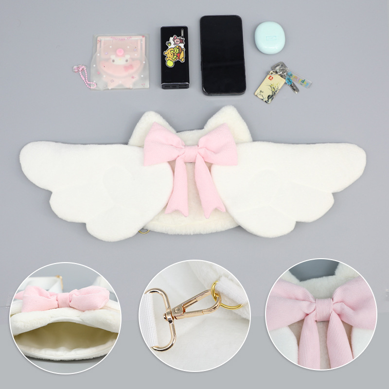Mini Backpack Purse - กระเป๋าเป้สะพายหลังการ์ตูนนางฟ้าสำหรับเด็กผู้หญิง พร้อมปีกปีศาจ ตกแต่งด้วยปีกค้างคาว กระเป๋าถือใส่โทรศัพท์ กระเป๋าขนนุ่มขนาดเล็ก โบว์ผูกน่ารัก
