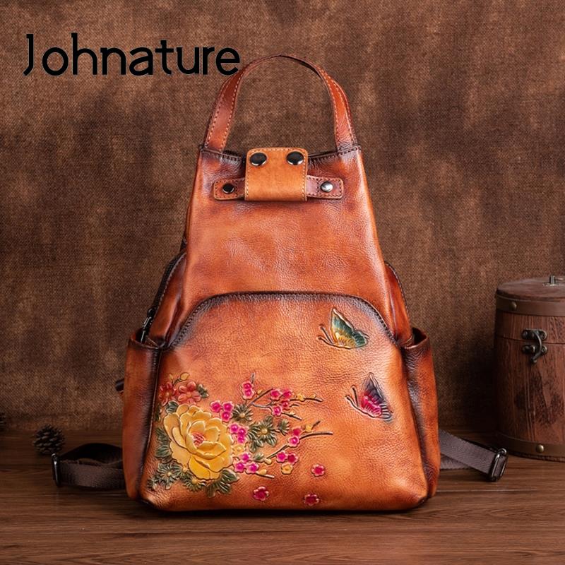 Leather Backpack Vintage - กระเป๋าหนังแท้ Johnature ลายปั๊มนูน กระเป๋าสะพายไหล่ กระเป๋าเป้สะพายหลังผู้หญิง 2026