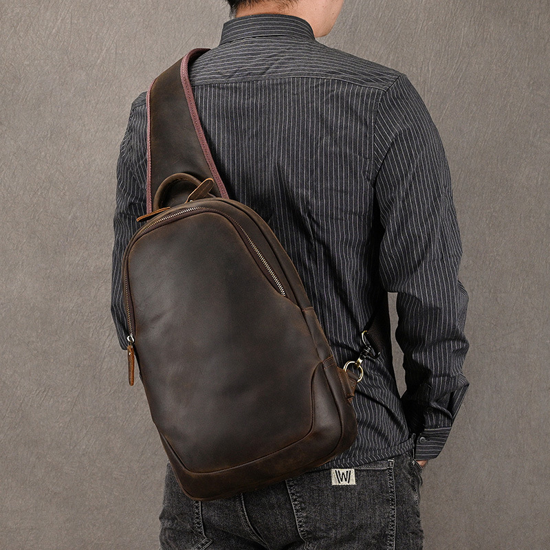 Leather Backpack Vintage - กระเป๋าเป้สะพายไหล่ข้างเดียวสำหรับผู้ชาย, กระเป๋าคาดหน้าอกหนังวัวแท้กระเป๋าคาดหน้าอกกระเป๋าคาดหน้าอกลำลองขนาดใหญ่