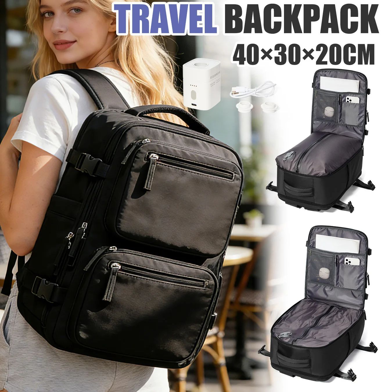 Fashion Backpack Women - กระเป๋าเป้สะพายหลังสำหรับผู้หญิง กระเป๋าเป้สะพายหลังแบบสุญญากาศพร้อมปั๊ม กระเป๋าเดินทาง 40x30x20 ไรอันแอร์ วิซแอร์